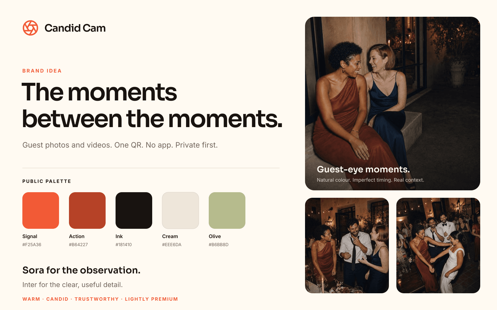 Candid Cam brand board showing the logo, The moments between the moments, colour palette, typography and candid event photography