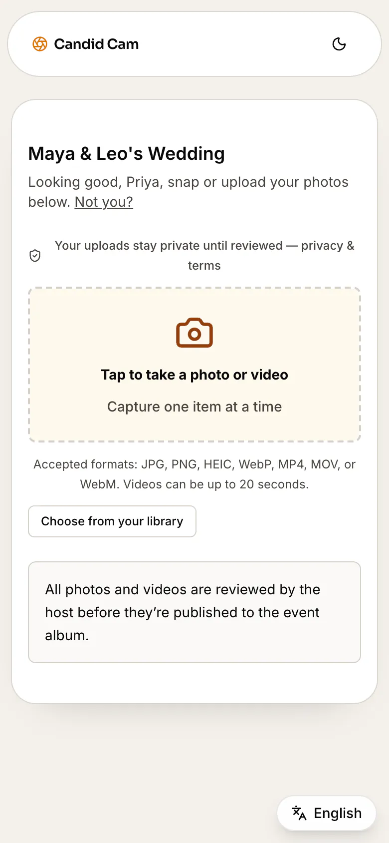 The wedding photo sharing app on a guest’s phone, open in the browser with no download