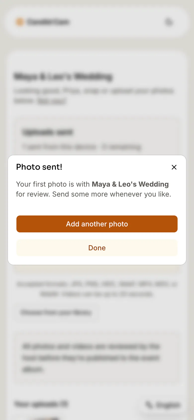 The “Photo sent!” message a guest sees after an upload