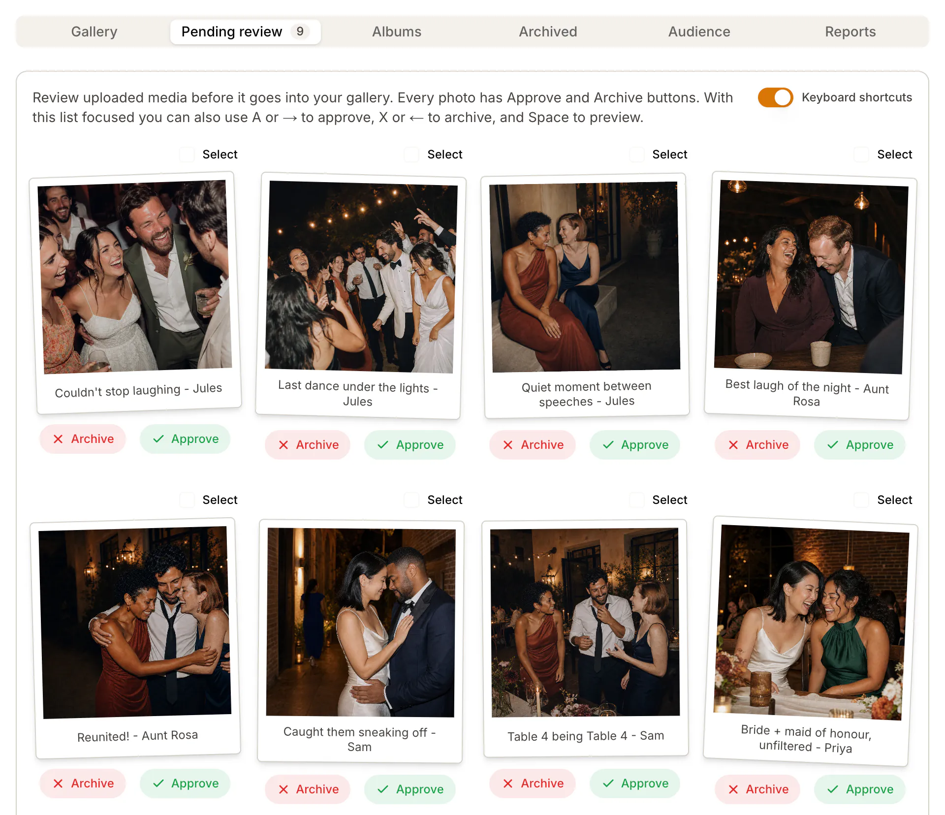 The couple’s private review queue, with Approve and Archive under each guest photo