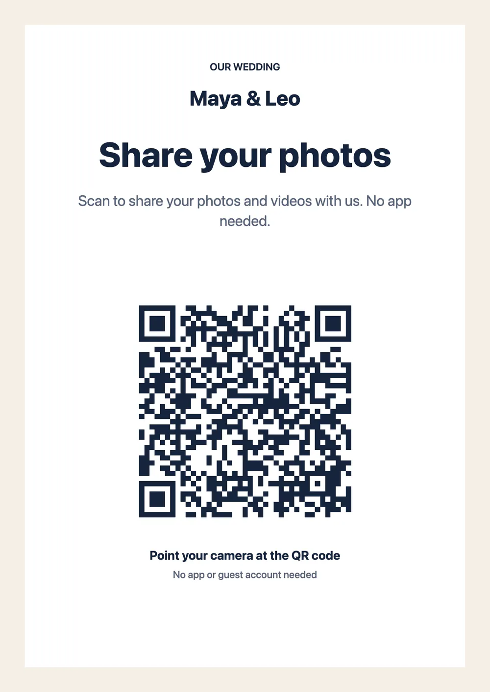 A printable QR code sign that uses the same upload link as the wedding website
