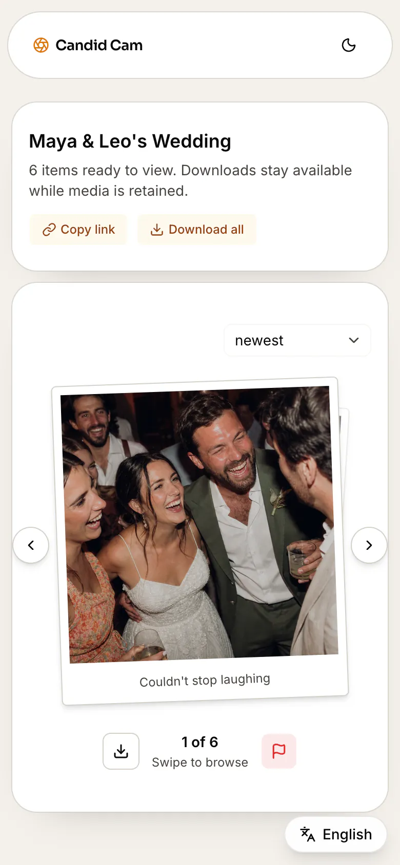 The shared wedding album that guests open from one link, with the approved photos only