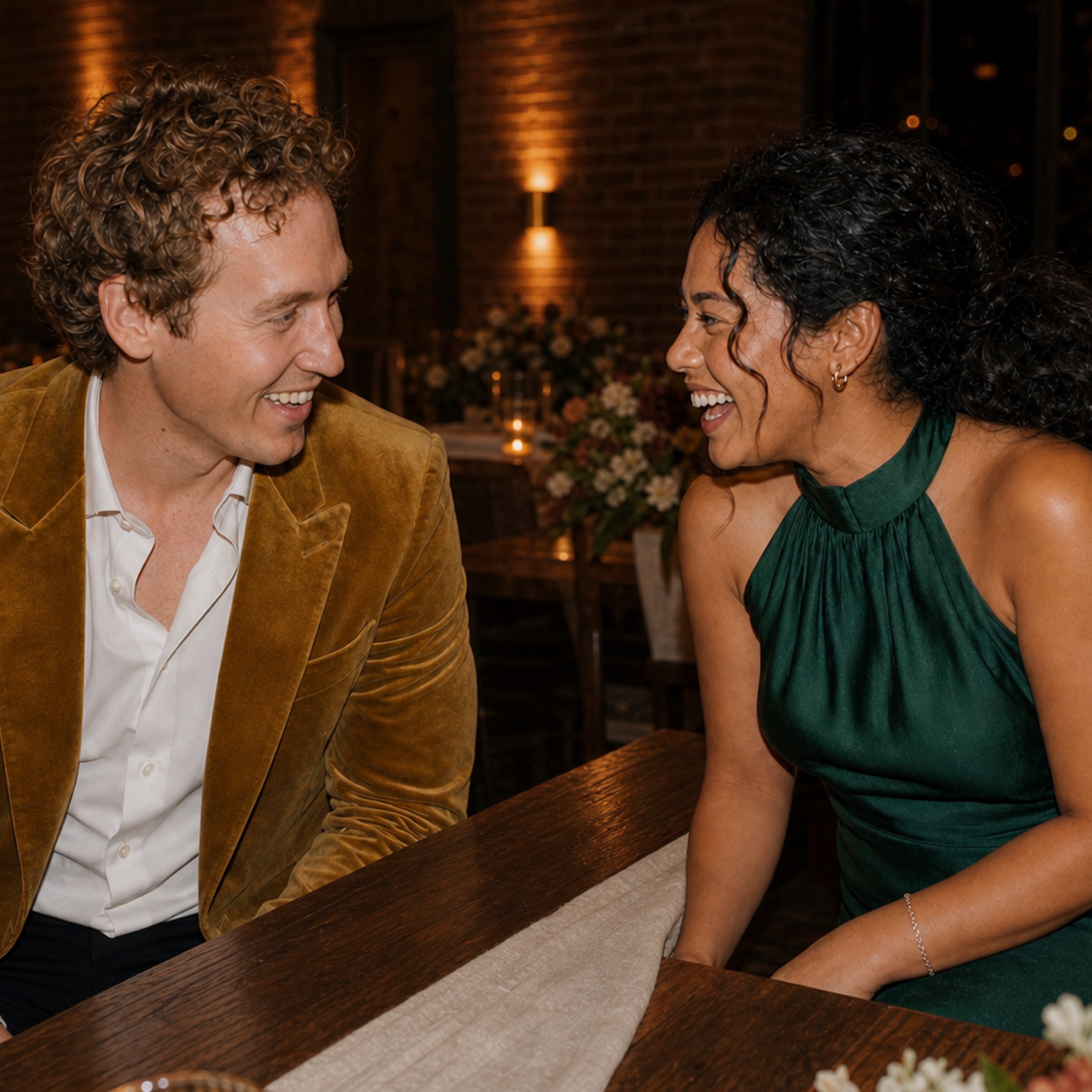 Friends laughing together at a wedding reception